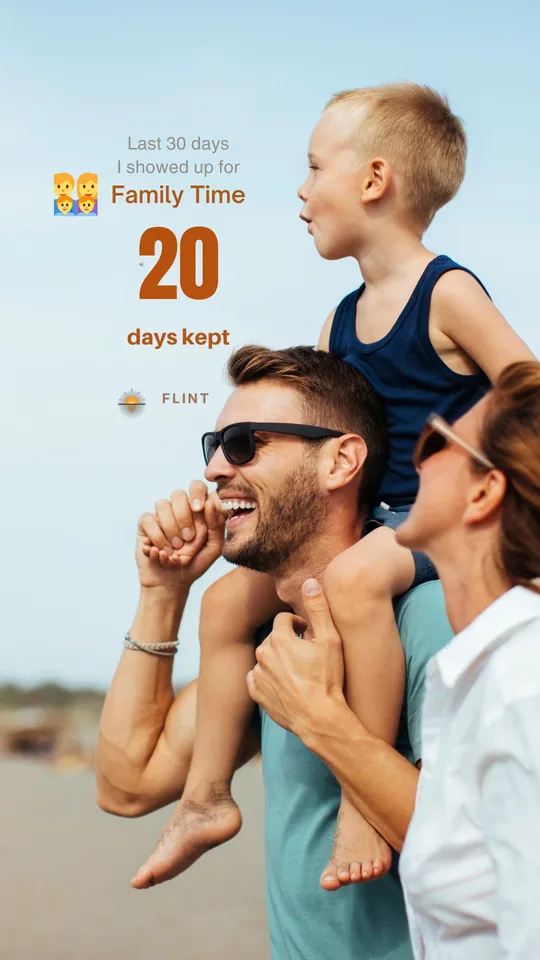 A Flint share card: 20 days kept of Family Time, over a photo of a family on a beach.