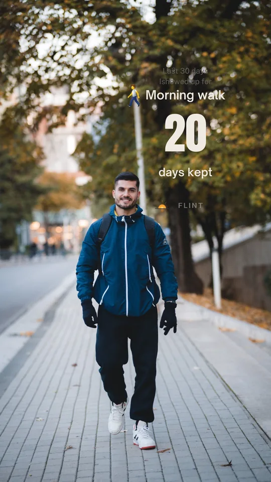 A Flint share card: 20 days kept of Morning walk, over a photo of a man walking a tree-lined street.