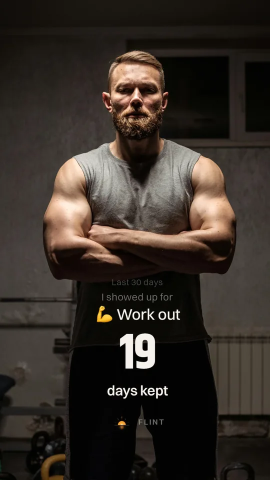 A Flint share card: 19 days kept of Work out, over a photo of a man in a gym.