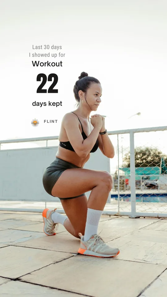 A Flint share card: 22 days kept of Workout, over a photo of a woman training outdoors.